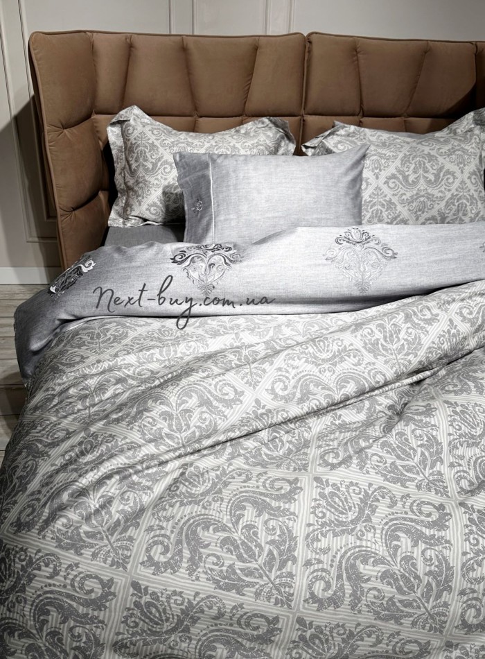 Maison D'or New Damask grey постільна білизна євро 200х220 сатин з вишивкою - Зображення 3