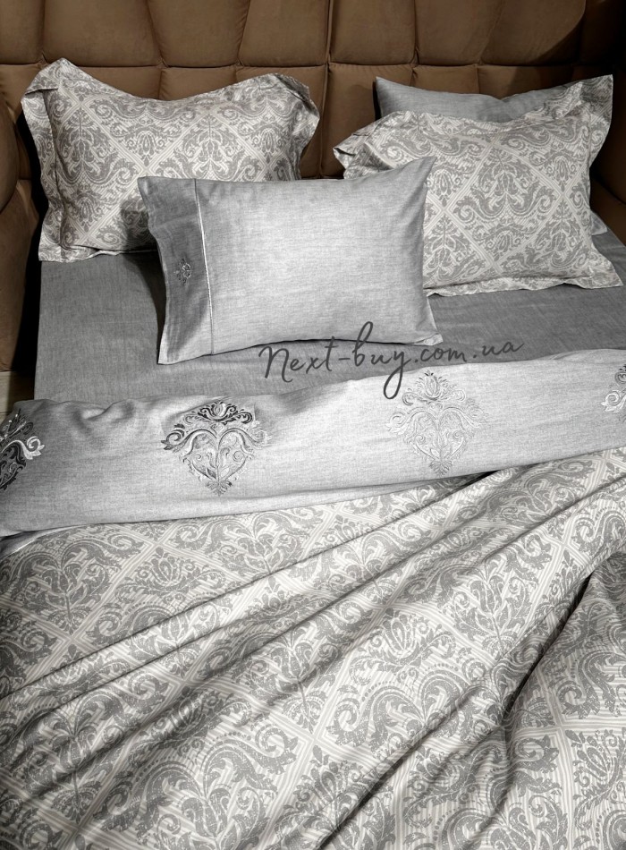 Maison D'or New Damask grey постільна білизна євро 200х220 сатин з вишивкою - Зображення 4