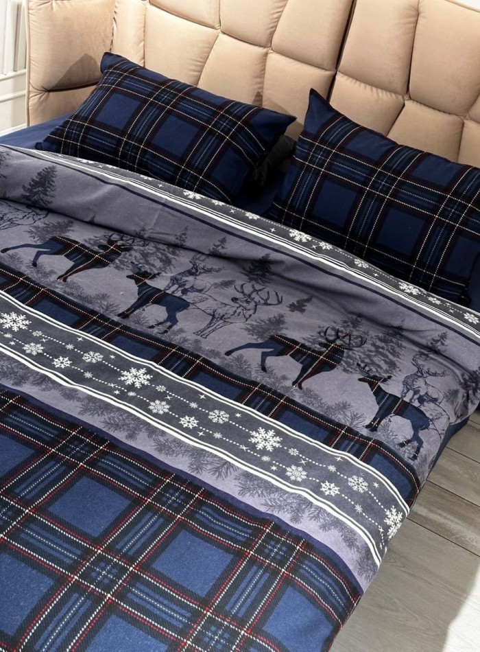 Постільна білизна з простирадлом на резинці First Choice Flannel Happiness Navy Blue євро - Зображення 5