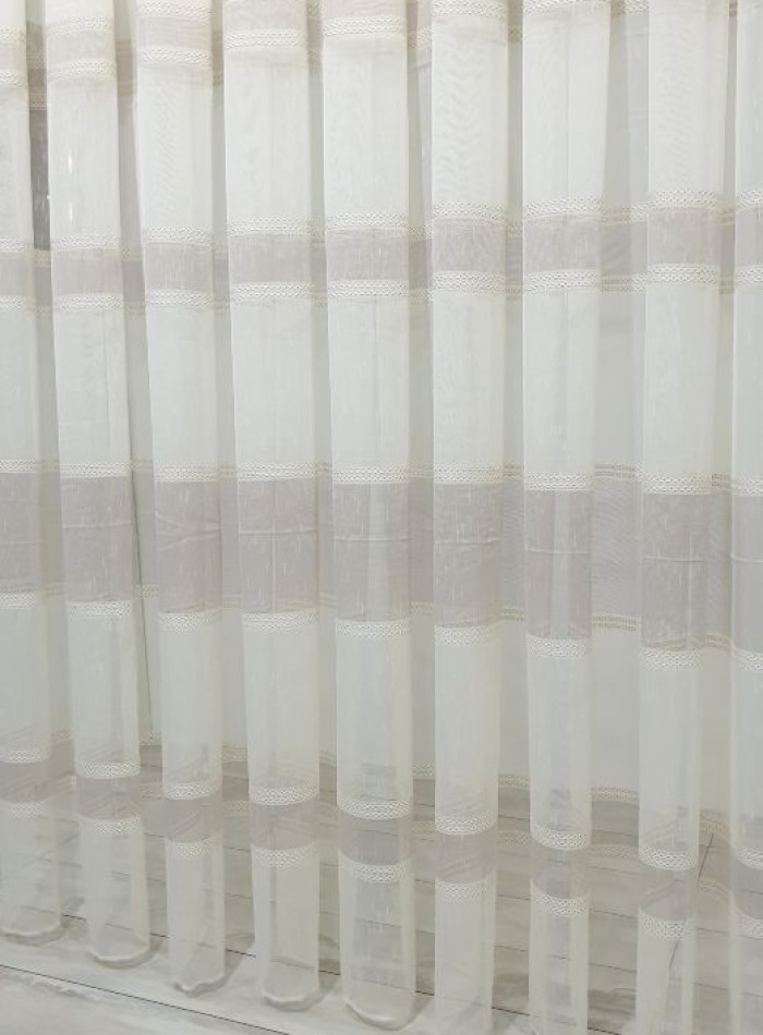 Тюль льон Linen з плетінням беж+кофейний - Зображення 2