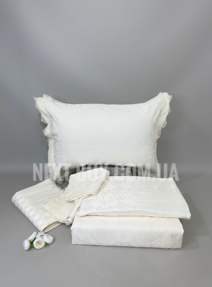 Maison D'or Mirabella Bedcover set krem набір постільної білизни з покривалом і наволочками 200x220см сатин жакард з мереживом - Зображення 2