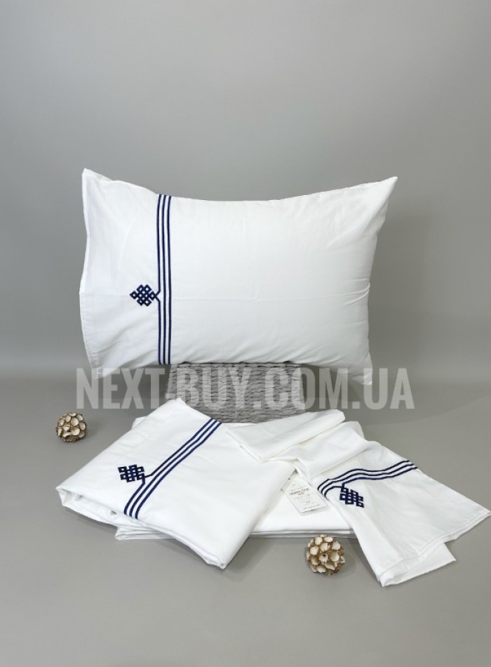 Постельное белье Maison D'or Maison Deluxe white-navy 200x220см сатин с вышивкой — изображение 2
