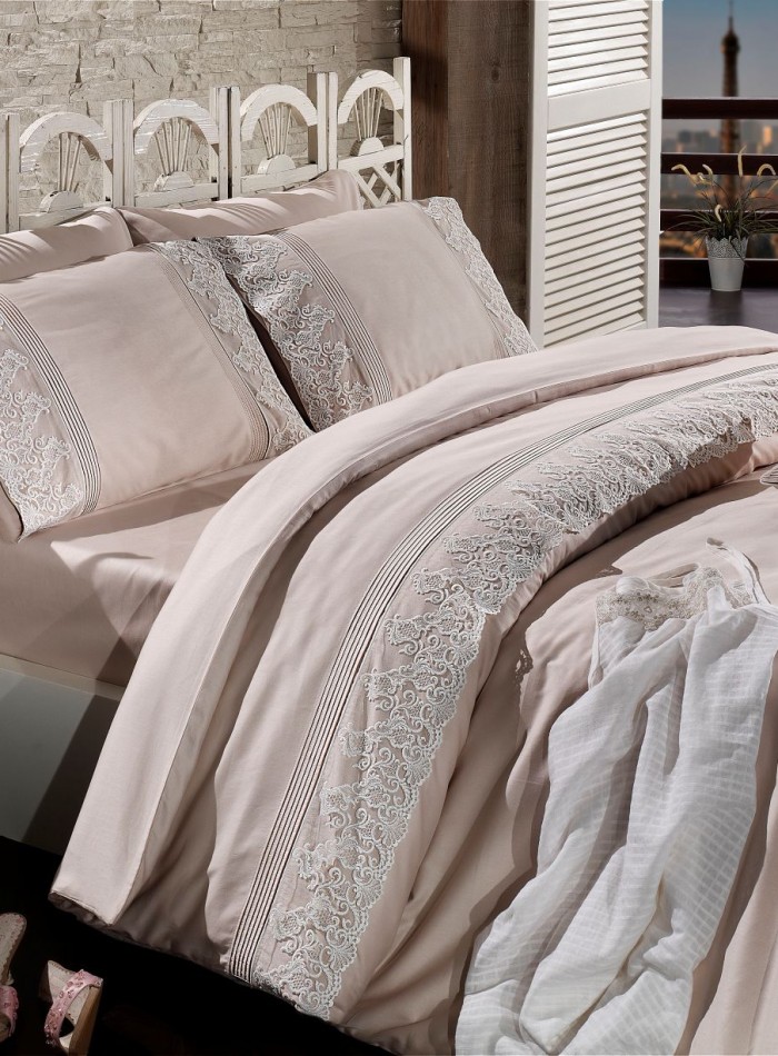 Постільна білизна Maison D'or Gloria Beige 200x220см сатин з мереживом - Зображення 2