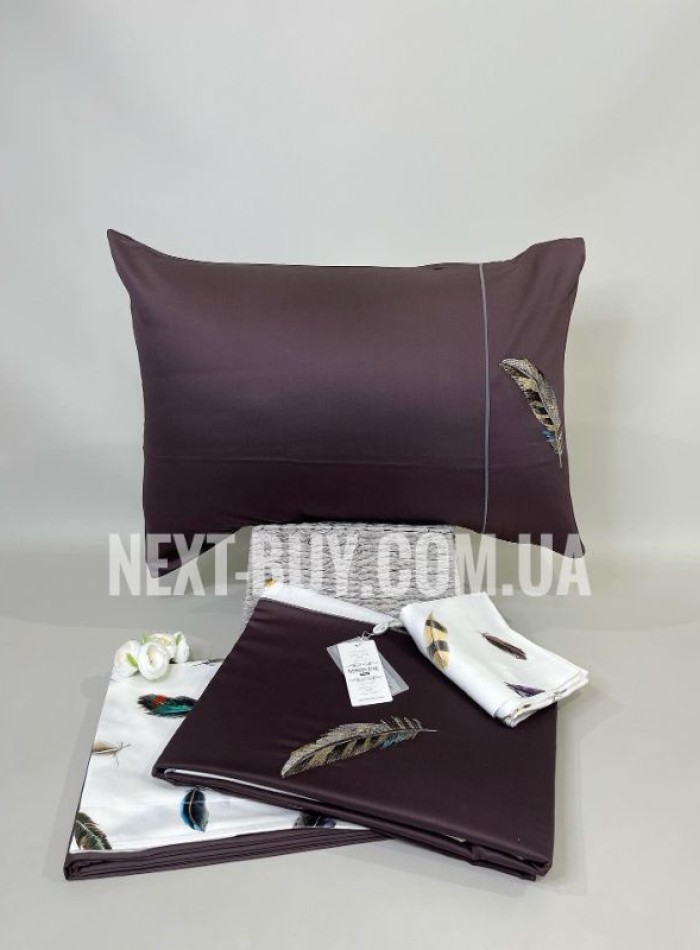 Maison D'or Pulume Volante brown постільна білизна сімейна 160x220см сатин з вишивкою - Зображення 5