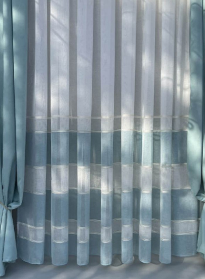 Тюль лён с полосками Linen белый с голубым Турция — изображение 2