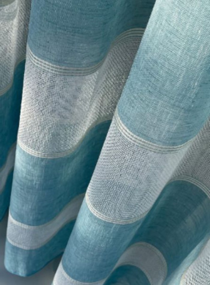 Тюль лён с полосками Linen белый с голубым Турция — изображение 5