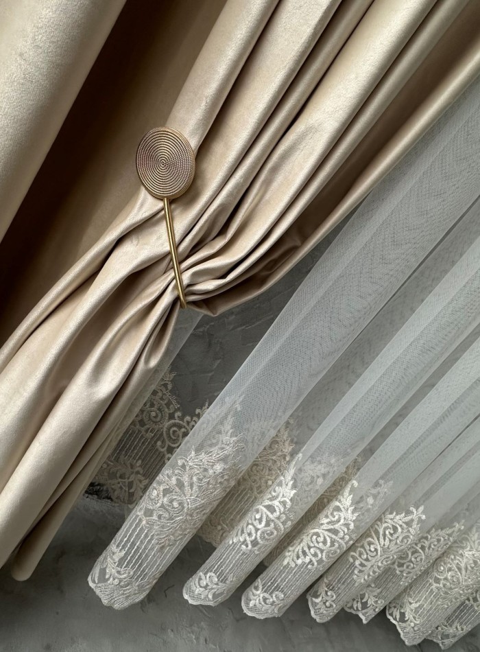 Тюль грек сітка Bridal бежевий з золотом Туреччина - Зображення 5