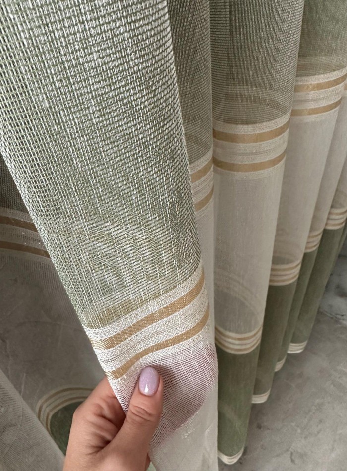 Тюль льон з смужками Flax білий з зеленим Туреччина - Зображення 6