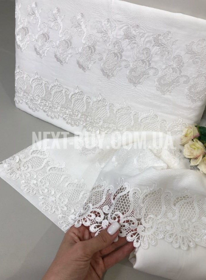 Постельное белье Diamond Eveline white сатин с кружевом евро 200х220 — изображение 2