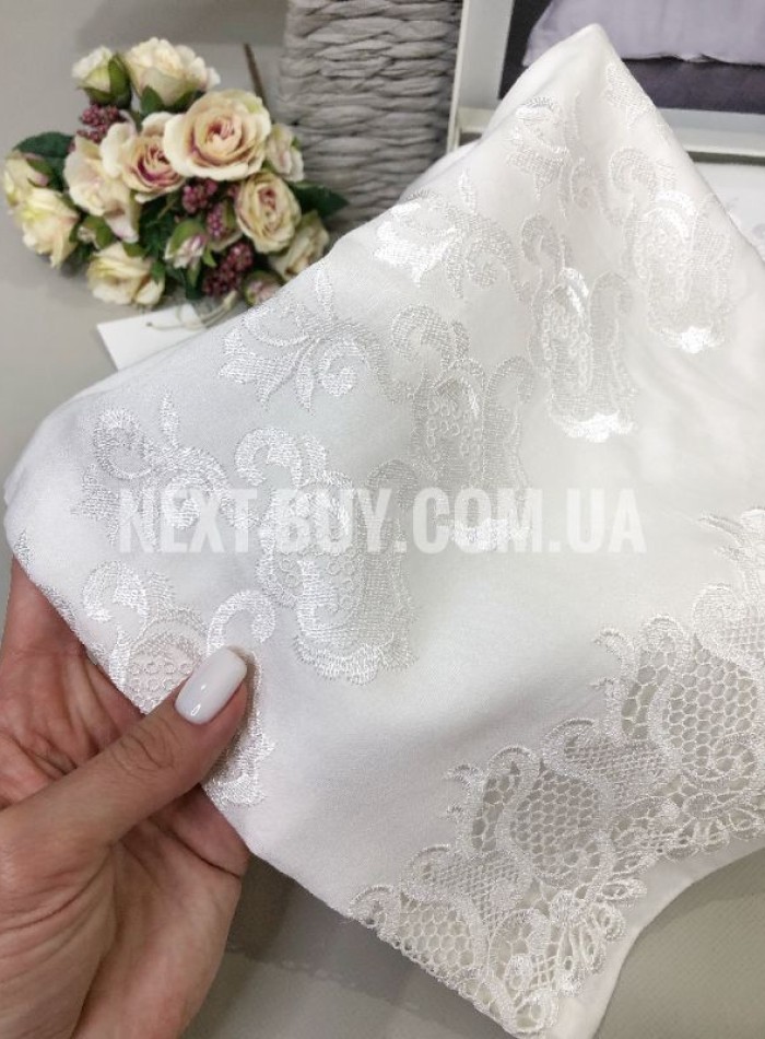 Постельное белье Diamond Eveline white сатин с кружевом евро 200х220 — изображение 3