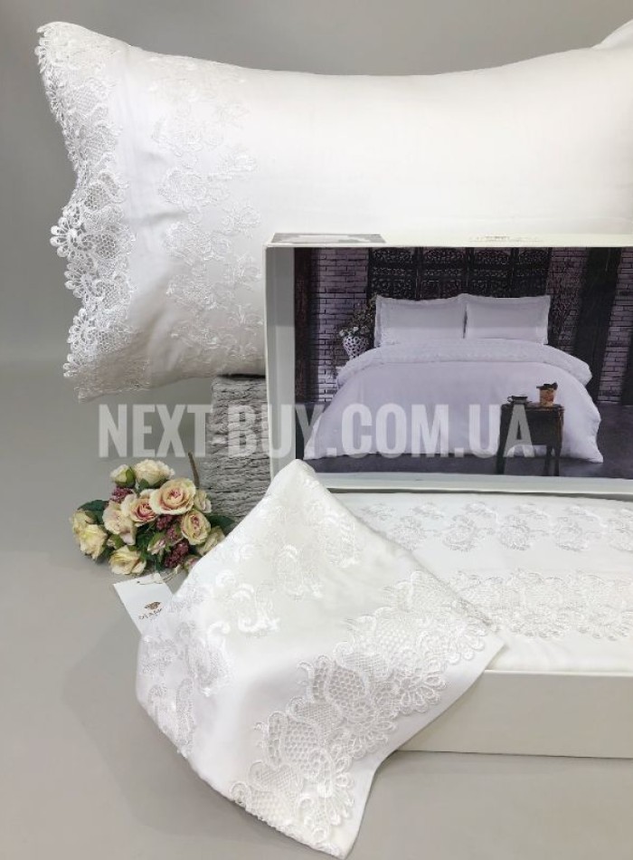Постельное белье Diamond Eveline white сатин с кружевом евро 200х220 — изображение 4