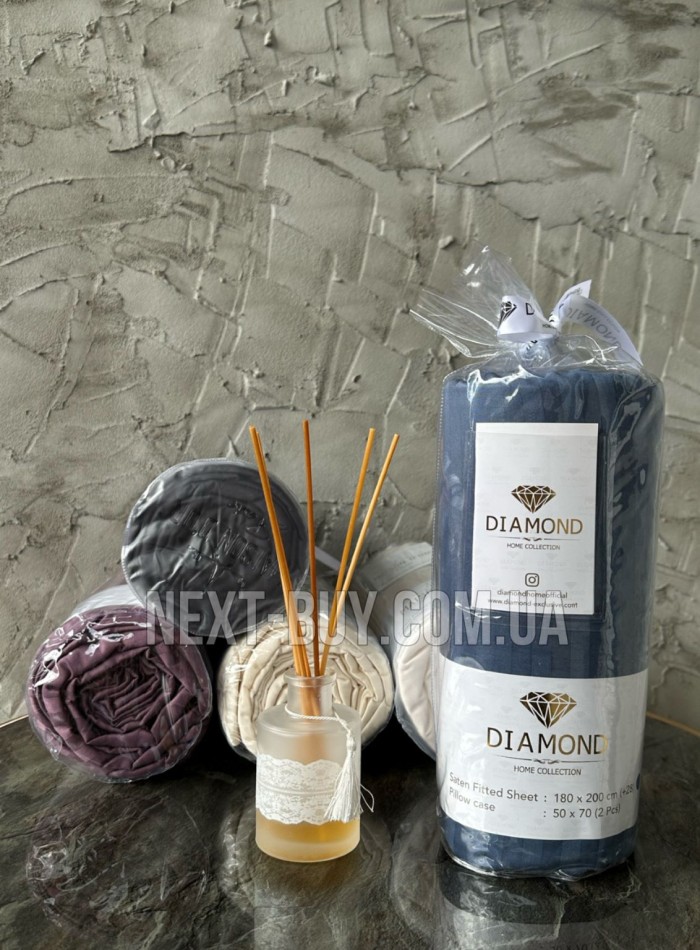 Сатинове простирадло на резинці 180х200+28см Diamond Saten fitted sheet navy з наволочками - Зображення 2
