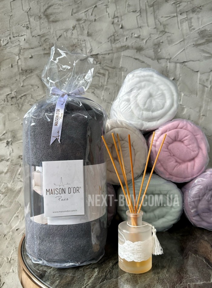 Простирадло махрове на резинці 180х200+28см Maison D'or Terry Fitted sheet antracite з наволочками - Зображення 2
