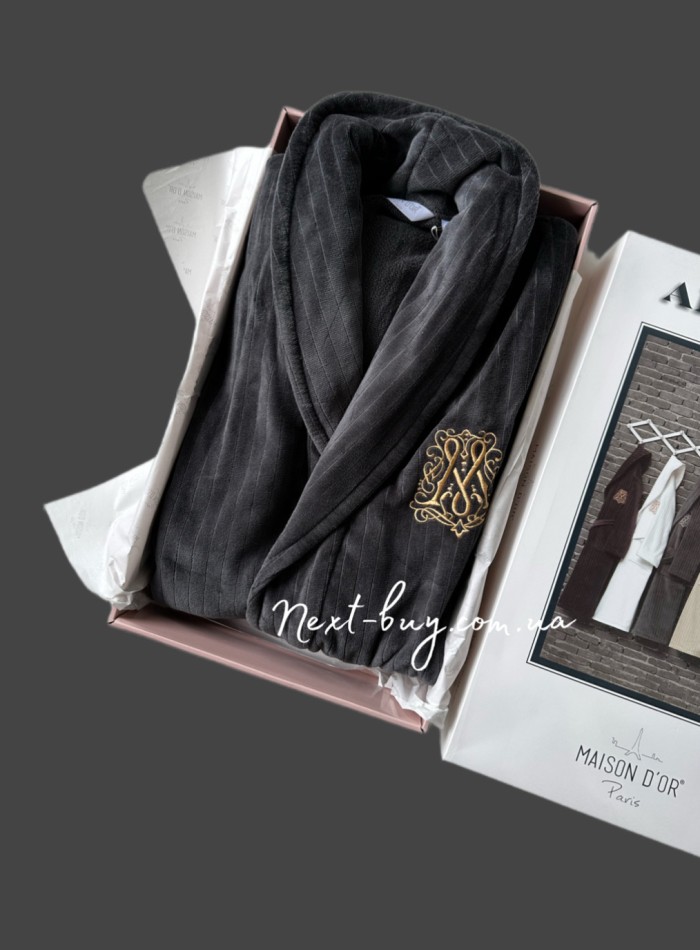 Maison Dor Paris Alberto мужской велюровый халат с шалевым воротником и золотой вышивкой grey — изображение 4