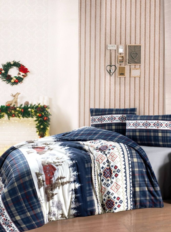 Постільна білизна з простирадлом на резинці First Choice Flannel Nature Navy євро 200×220 - Зображення 8