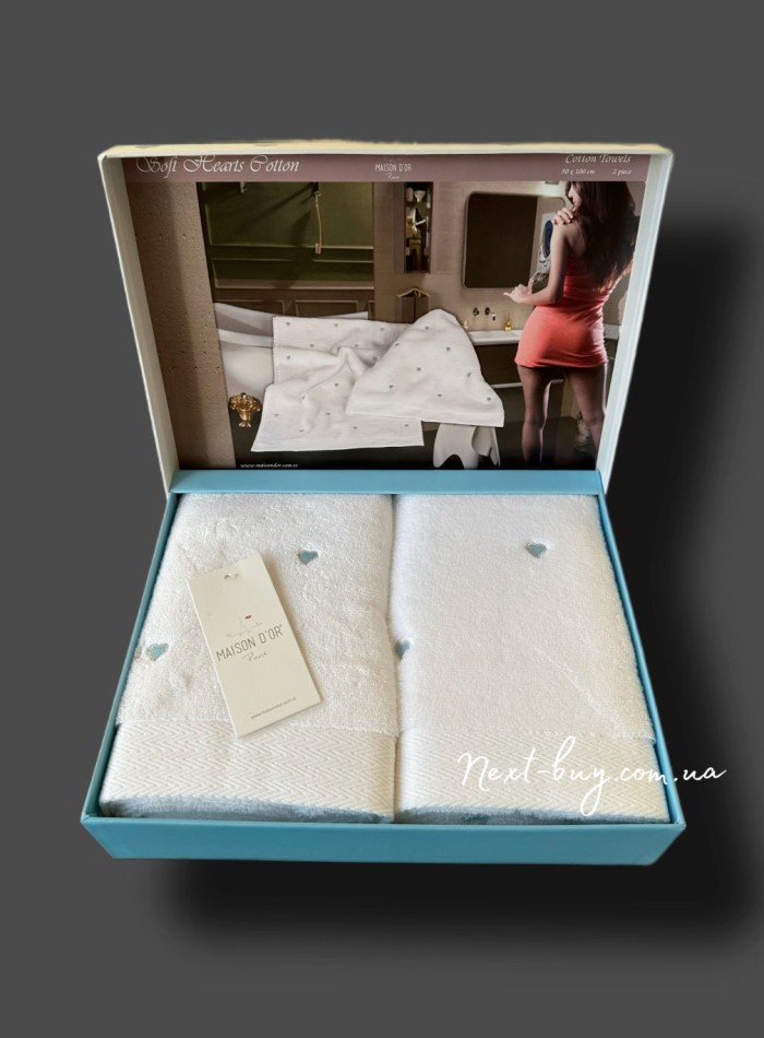 Набор махровых полотенец Maison D'or Soft Hearts white-blue 50х100см 2шт. — изображение 3