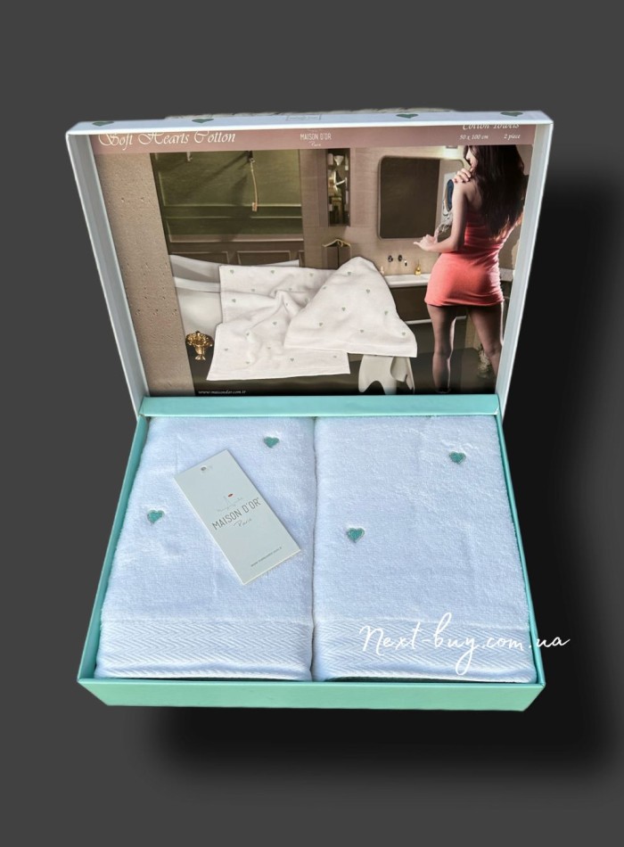 Набір махрових рушників Maison D'or Soft Hearts white-turquoise 50х100см 2шт. - Зображення 2