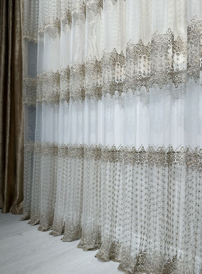 Тюль сітка Gypsophila з коричневим візерунком Туреччина - Зображення 2