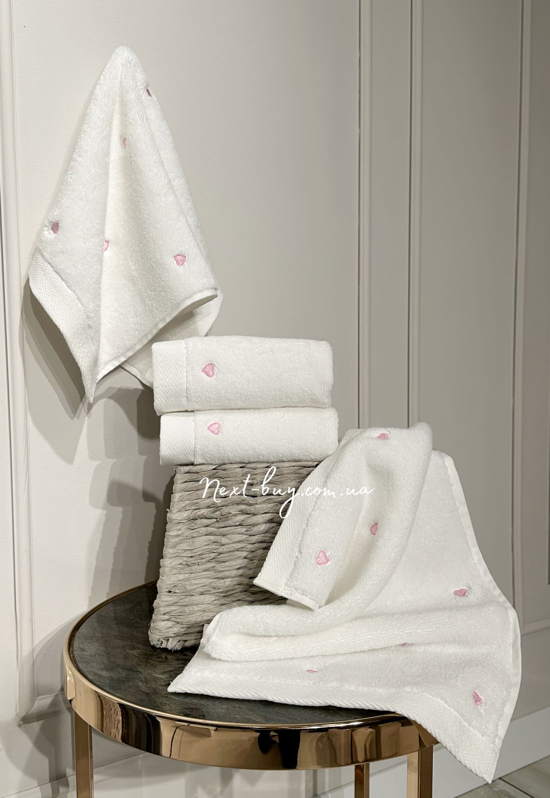 Maison D'or Micro Cotton Soft Embroidery набор хлопковых полотенец 4шт white-pink — изображение 1