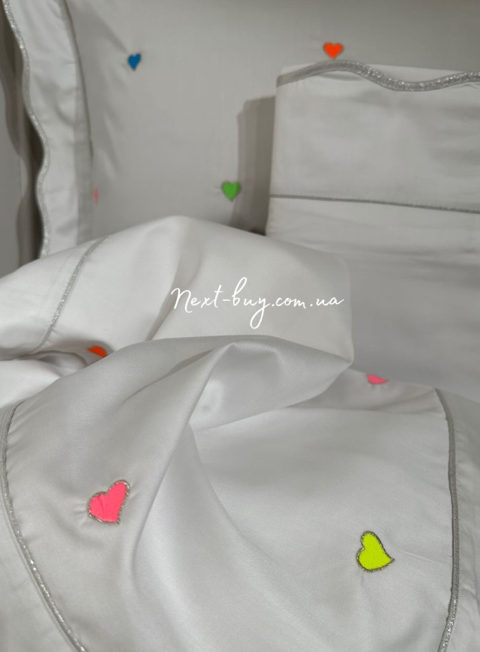 Maison D'or Les Coeurs neon white постільна білизна євро 200х220 сатин з вишивкою сердечок - Зображення 3
