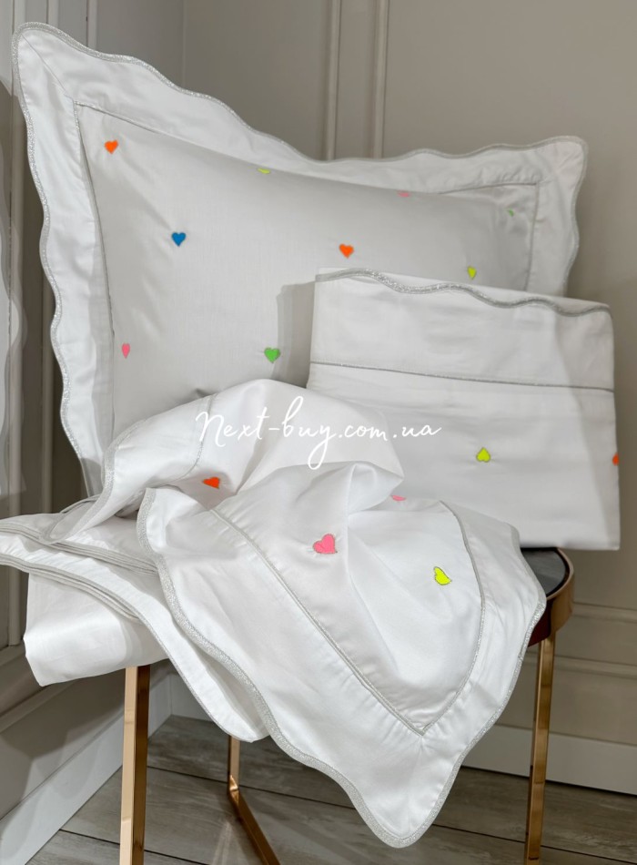 Maison D'or Les Coeurs neon white постільна білизна євро 200х220 сатин з вишивкою сердечок - Зображення 5