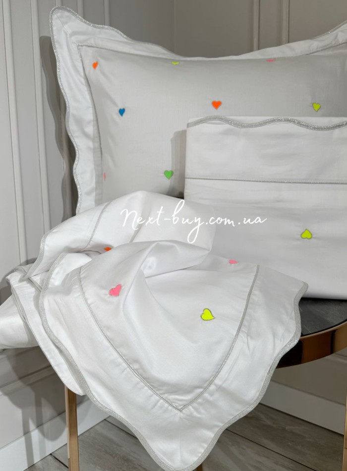 Maison D'or Les Coeurs neon white постільна білизна євро 200х220 сатин з вишивкою сердечок - Зображення 2