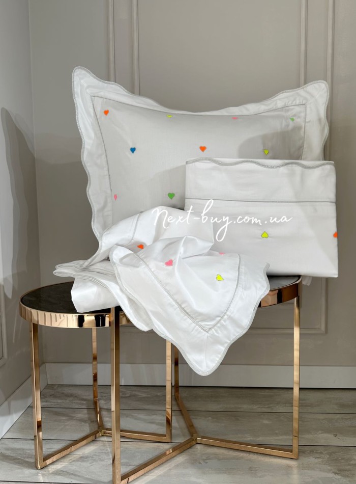 Maison D'or Les Coeurs neon white постільна білизна євро 200х220 сатин з вишивкою сердечок - Зображення 4