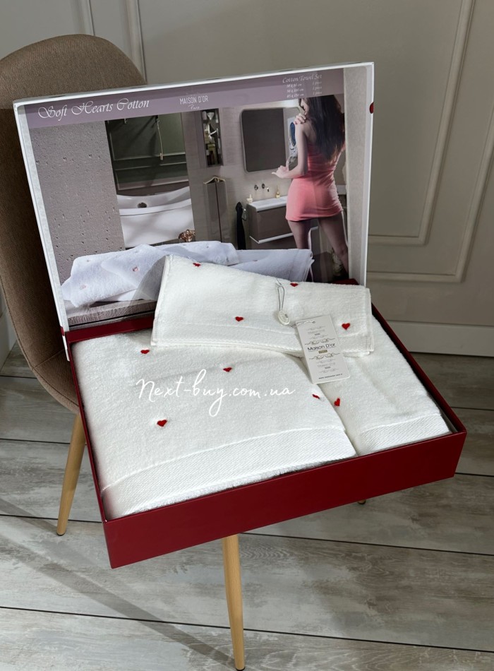 Набір махрових рушників Maison D'or Soft Hearts white-red з сердечками - Зображення 3