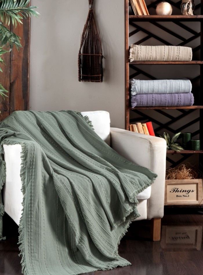 Легкий, летний плед з бахромою First Choice Sole Pique Daily Green 220х240 - Зображення 2