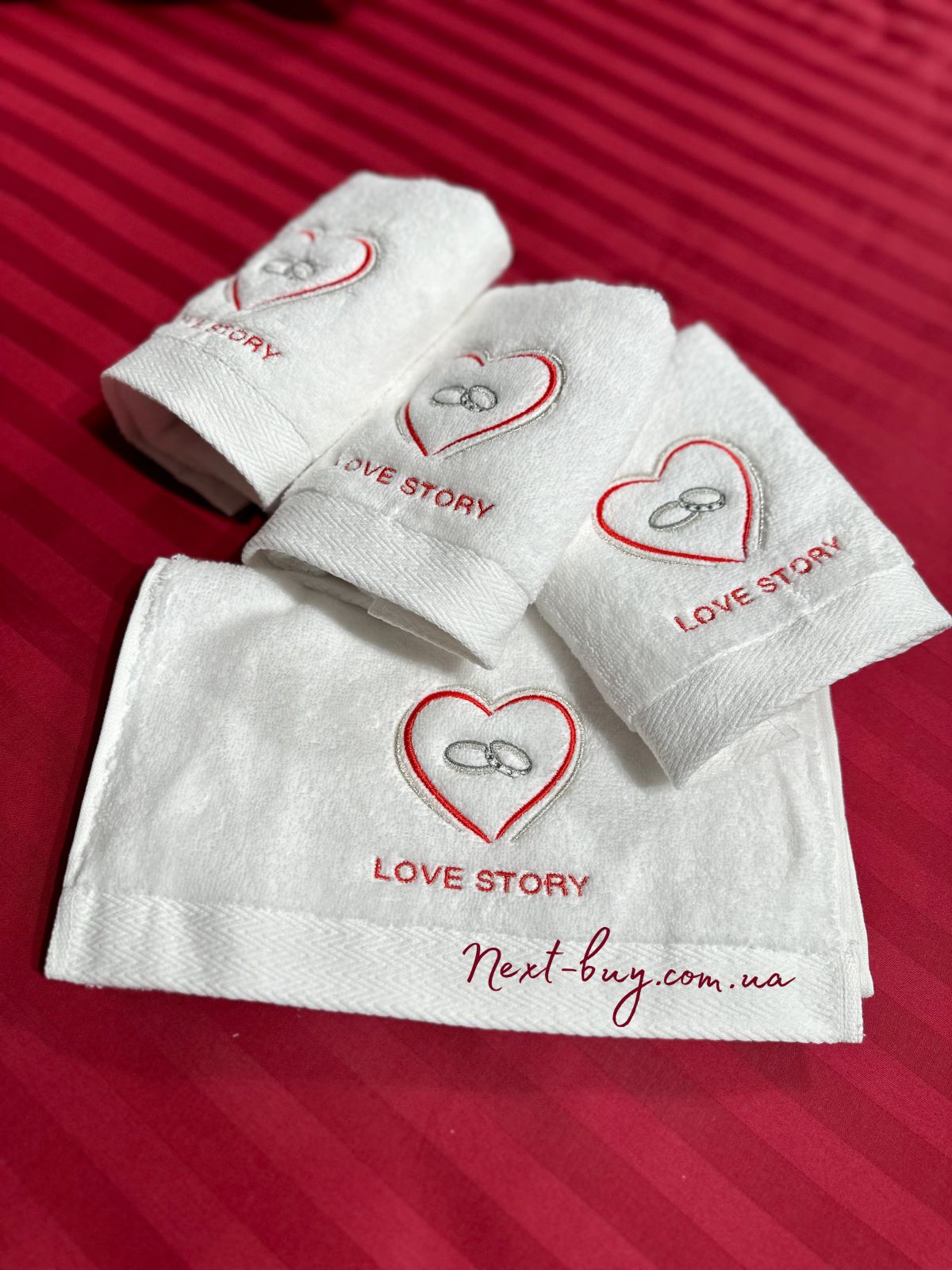 Весільний набір кухонних рушників Maison D'or  Love Story Four stone ring набір white 4шт. - Зображення 1