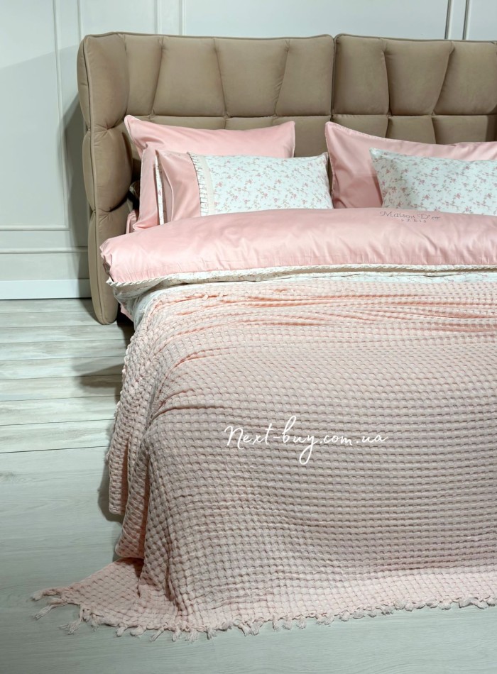 Легкий, вафельний плед-піке з бахромою Nilhome Soft Fringer Pique Rose 200х220 - Зображення 4