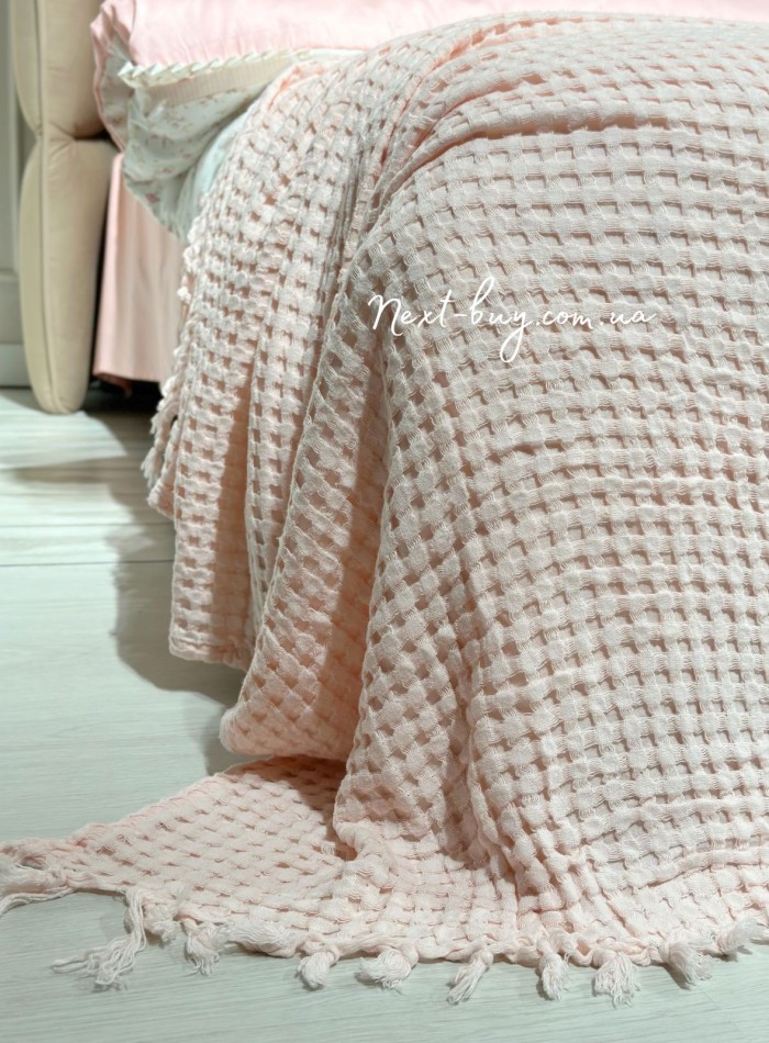 Легкий, вафельний плед-піке з бахромою Nilhome Soft Fringer Pique Rose 200х220 - Зображення 2