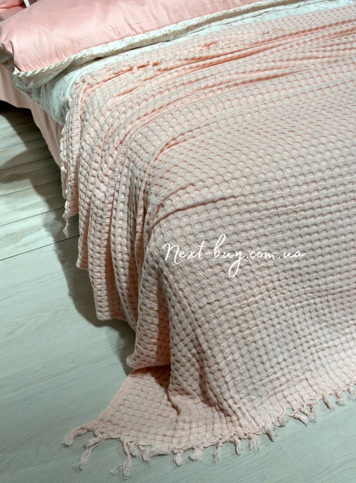 Легкий, вафельний плед-піке з бахромою Nilhome Soft Fringer Pique Rose 200х220 - Зображення 5