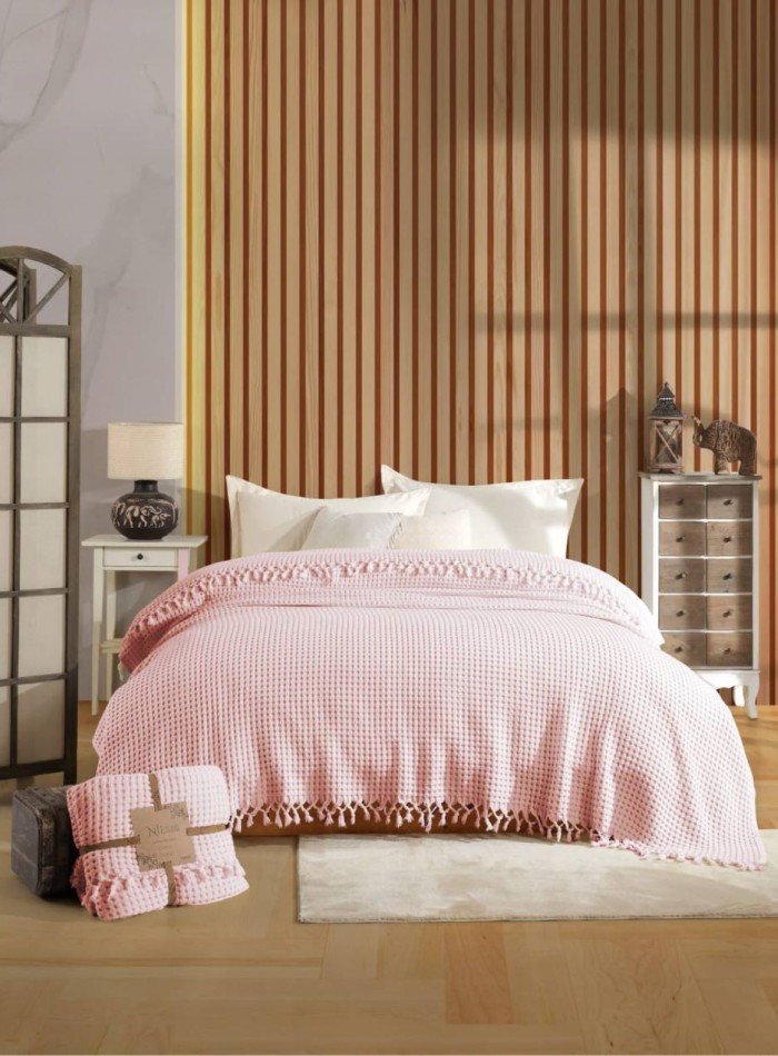 Легкий, вафельний плед-піке з бахромою Nilhome Soft Fringer Pique Rose 200х220 - Зображення 6