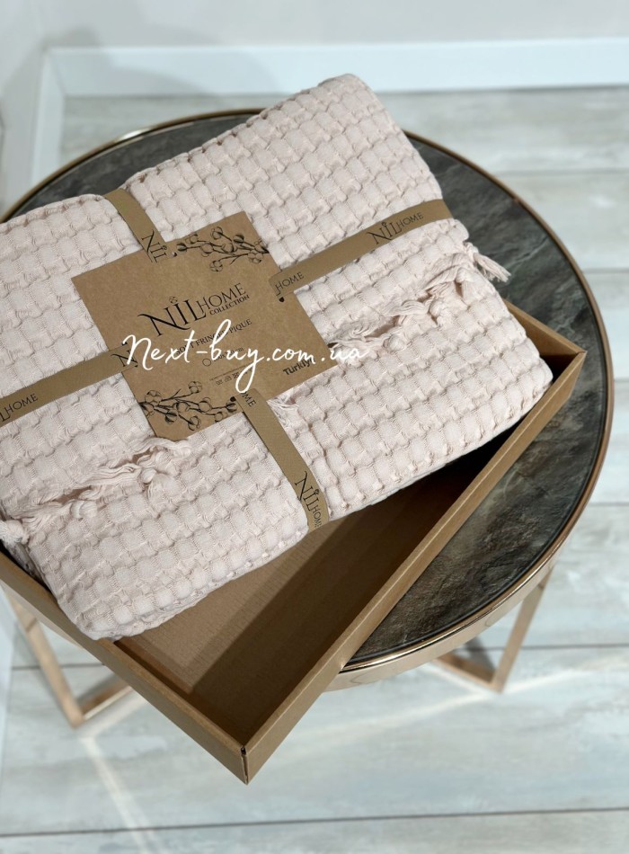 Легкий, вафельний плед-піке з бахромою Nilhome Soft Fringer Pique Beige 200х220 - Зображення 2