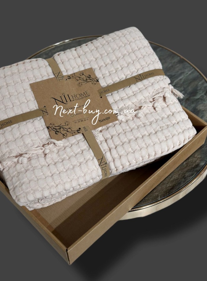 Легкий, вафельний плед-піке з бахромою Nilhome Soft Fringer Pique Beige 200х220 - Зображення 4