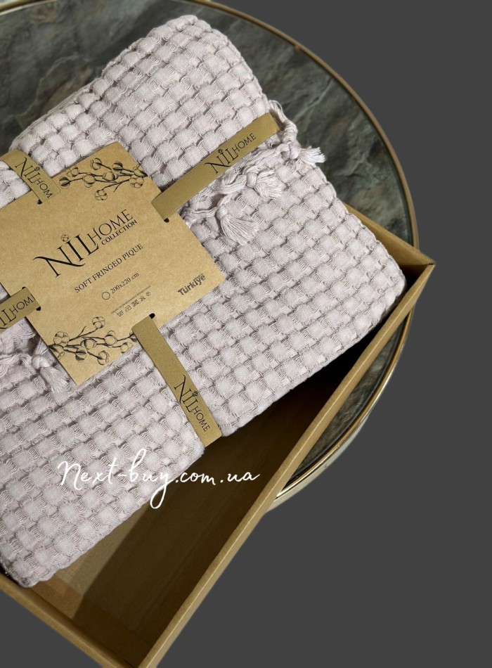 Легкий, вафельний плед-піке з бахромою Nilhome Soft Fringer Pique Lilac 200х220 - Зображення 3
