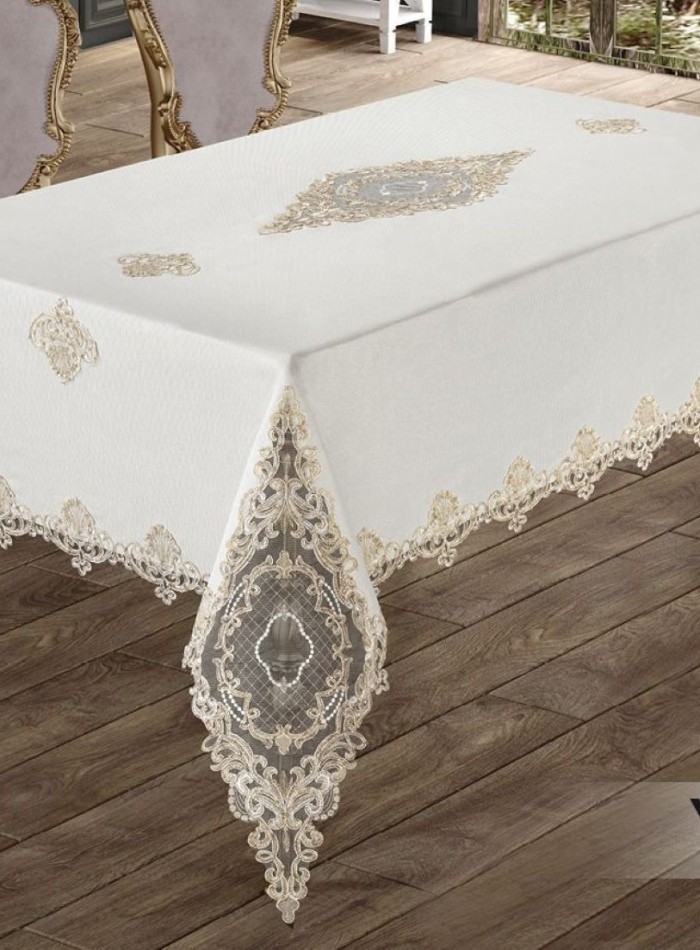 Скатертина для столу Yildiz cream з мереживом 160х220 Туреччина - Зображення 2