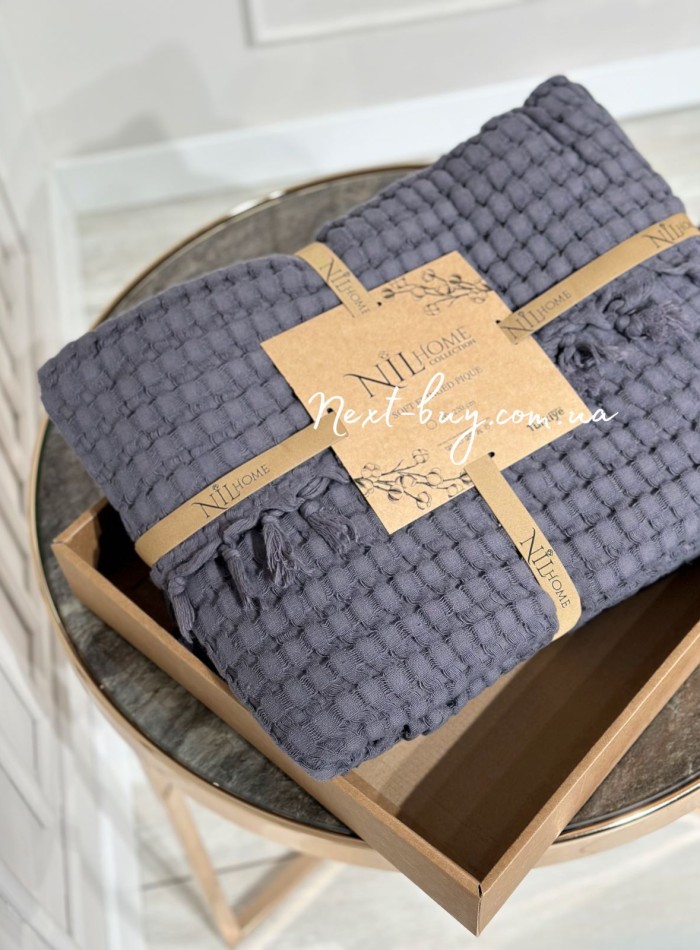 Легкий, вафельний плед-піке з бахромою Nilhome Soft Fringer Pique Antracit 200х220 - Зображення 2
