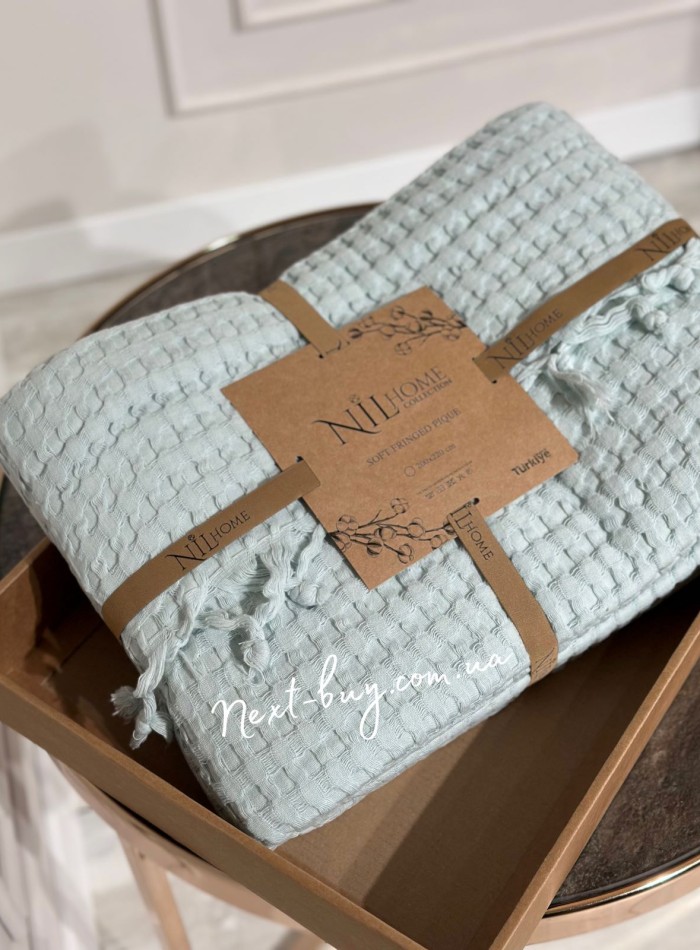 Легкий, вафельний плед-піке з бахромою Nilhome Soft Fringer Pique Mint 200х220 - Зображення 2