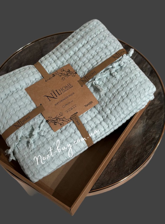 Легкий, вафельний плед-піке з бахромою Nilhome Soft Fringer Pique Mint 200х220 - Зображення 3