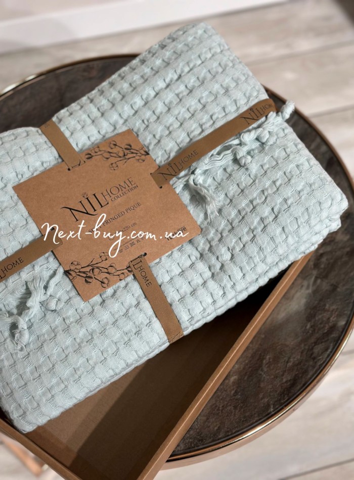 Легкий, вафельний плед-піке з бахромою Nilhome Soft Fringer Pique Mint 200х220 - Зображення 4