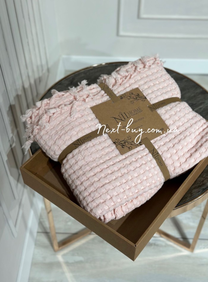 Легкий, вафельний плед-піке з бахромою Nilhome Soft Fringer Pique Rose 200х220 - Зображення 8