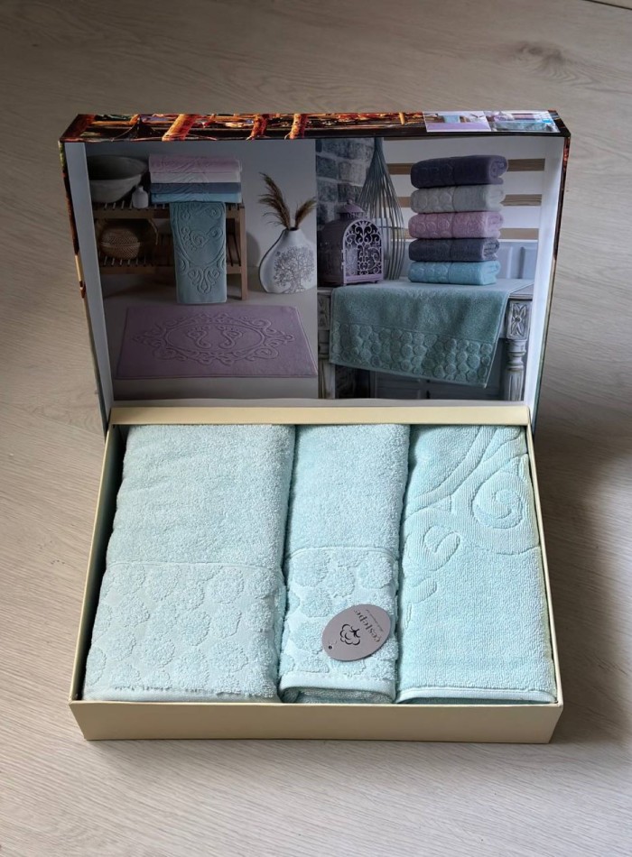 Комплект подарочных полотенец Cestepe Lux cotton 3шт. голубой Турция — изображение 4
