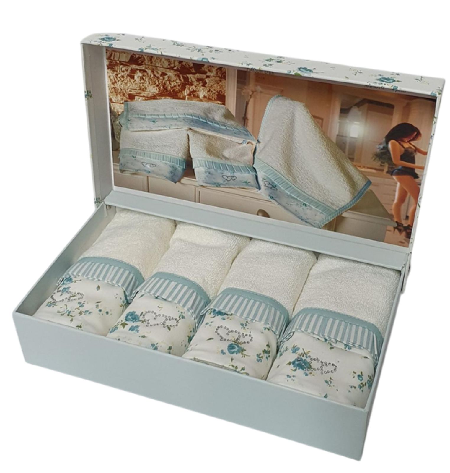 Набір з 4-х бамбукових рушників 30х50см Maison D'or Roses ecru-turquoise - Зображення 1