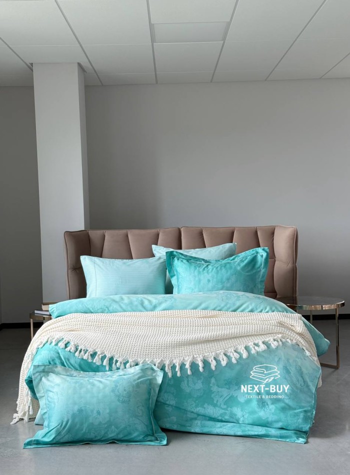 Постільна білизна з простирадлом на резинці Maison D'or AMBRE Turquoise євро тенсел / сатин - Зображення 2