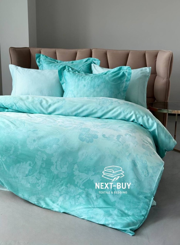Постільна білизна з простирадлом на резинці Maison D'or AMBRE Turquoise євро тенсел / сатин - Зображення 5