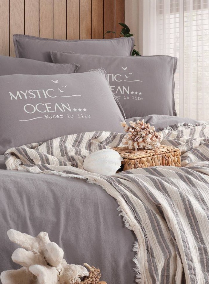 Постельное белье с вышивкой и пике Mystic ocean gri евро 200х220 — изображение 2