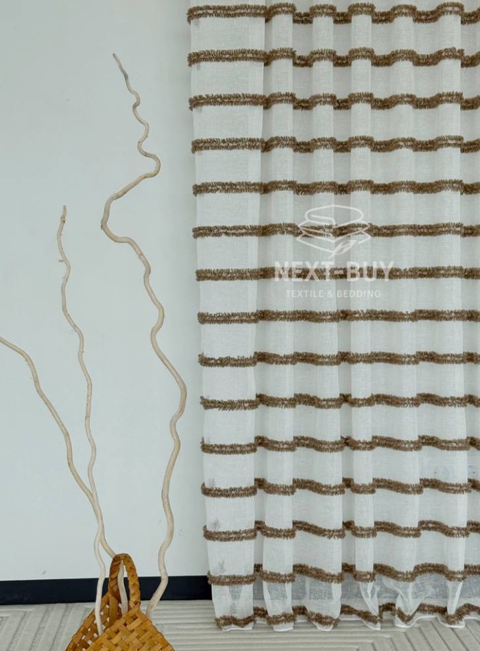 Тюль льон у смужку  Linen brown & white Туреччина - Зображення 2