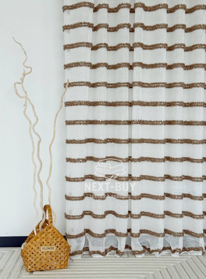 Тюль льон у смужку  Linen brown & white Туреччина - Зображення 5